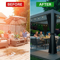 12X20 Louvered Pergola,Dark Grey Aluminum Frame with Adjustable Rainproof Roof, Featuring Waterproof Curtains and Nets — Before & After