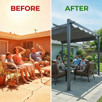 16 Ft. W X 12 Ft. D Aluminum Pergola Outdoor with Dark Gray Retractable Canopy — Before & After