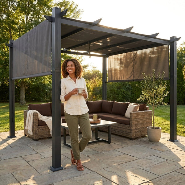 Aluminum Pergola Built for Year-Round Coverage, Retractable Canopy, 192 Sq Ft, Weather Resistant Frame