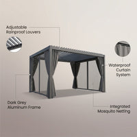 Aluminum Pergola Built for Year-Round Use, Adjustable Louvers, Waterproof Curtains, 240 Sq Ft Coverage — infographic
