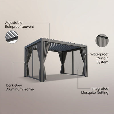 Aluminum Pergola Built for Year-Round Use, Adjustable Louvers, Waterproof Curtains, 240 Sq Ft Coverage