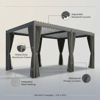 Aluminum Pergola Built for Year-Round Use, Adjustable Louvers, Waterproof Curtains, 240 Sq Ft Coverage — infographic
