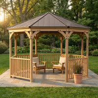 DIY Meridian 12 Ft. Octagon Enclosed Wood Outdoor Patio Gazebo with Brown Hardtop Metal Roof and 36 In. Guard Rail — Studio Shot