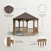 DIY Meridian 12 Ft. Octagon Enclosed Wood Outdoor Patio Gazebo with Brown Hardtop Metal Roof and 36 In. Guard Rail — infographic