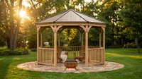DIY Meridian 12 Ft. Octagon Enclosed Wood Outdoor Patio Gazebo with Brown Hardtop Metal Roof and 36 In. Guard Rail — Lifestyle