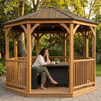 DIY Meridian 12 Ft. Octagon Enclosed Wood Outdoor Patio Gazebo with Brown Hardtop Metal Roof and 36 In. Guard Rail — Lifestyle