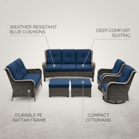 Patio Furniture Set 6-Piece Outdoor Patio Conversation Set with Blue Cushions Lawn Furniture — infographic